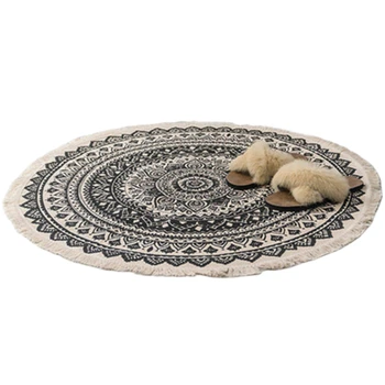 

Morocco Round Carpet Bedroom Boho Style Tassel Cotton Rug Hand Woven National Classic Tapestry Sofa Cushion Tatami Floor Mats-Bl