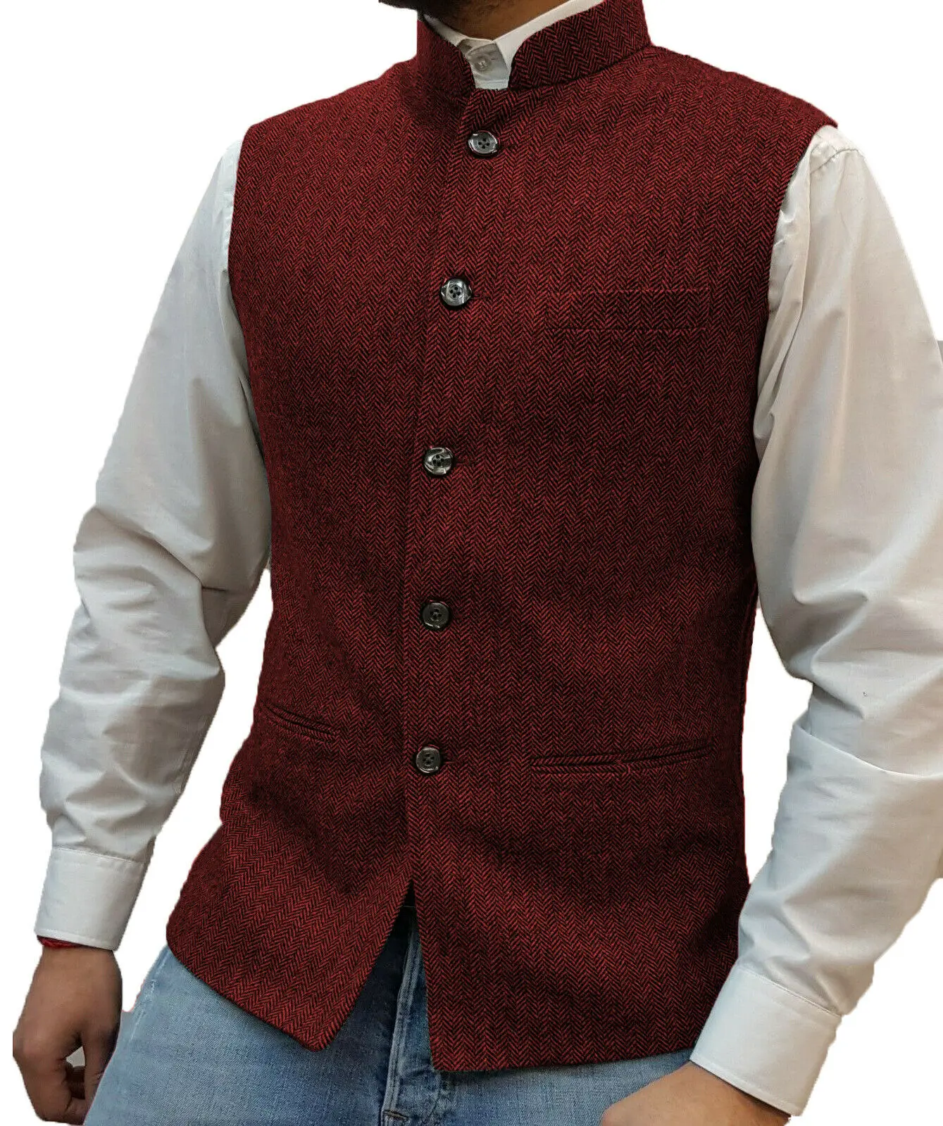 Men's Vest Stand-up Collar Herringbone Suit Vest Steampunk Style Wedding Groom Waistcoat 2