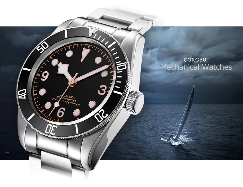 Corgeut механические часы, светящиеся сапфировые Schwarz Bay, мужские автоматические спортивные часы для плавания, роскошные Брендовые мужские механические наручные часы