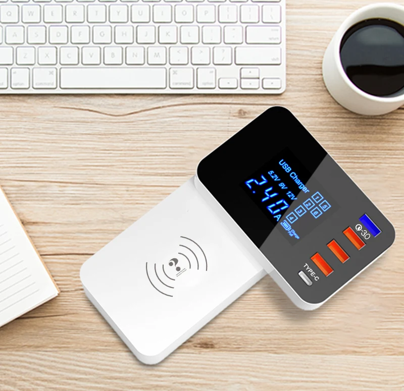 QI Беспроводное зарядное устройство Quick Charge 3,0 Smart usb type C зарядное устройство станция концентратор светодиодный дисплей быстрый адаптер для зарядки настольной полосы