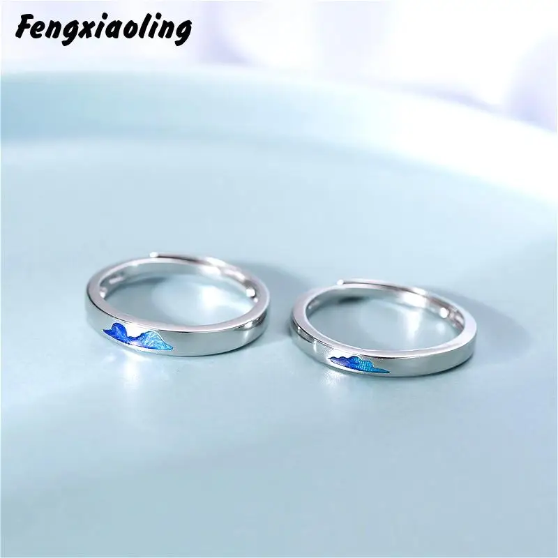 

Fengxiaoling 100% 925 Sterling Silver Couple Ring Simple Blue Drop Glaze Cloud Open Rings For Women Valentine's Day Gift