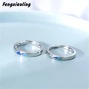 

Fengxiaoling 100% 925 Sterling Silver Couple Ring Simple Blue Drop Glaze Cloud Open Rings For Women Valentine's Day Gift