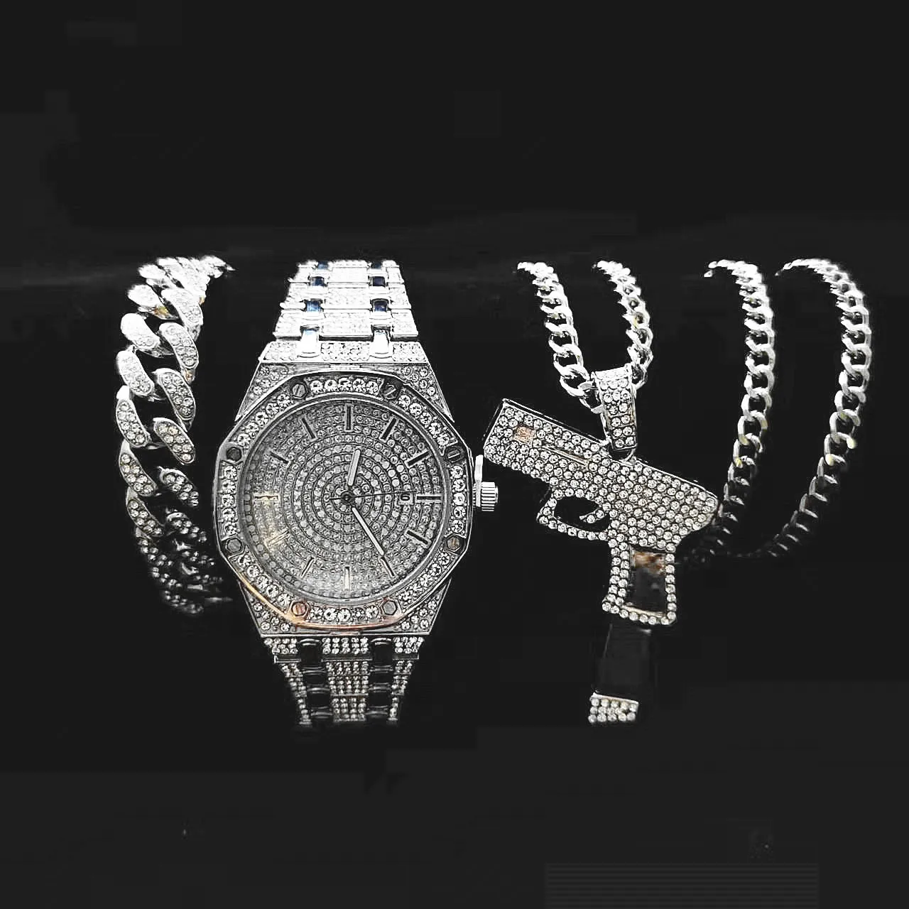 3pcs Iced Out Watch Necklace Bracelet for Men Luxury Diamond Gold Watch Men Bling Hip Hop Handgun Shooter Pendant Chains Jewelry neptunia shooter