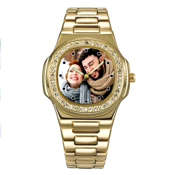 Reloj con diamantes de imitación de color dorado para hombre, pulsera personalizada con diseño de foto y logotipo, regalo artesanal