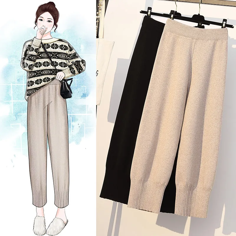 Long-Pant Wide-Leg Knitted Loose High-Elastic Winter Large-Size Harlan Solid Comfortable