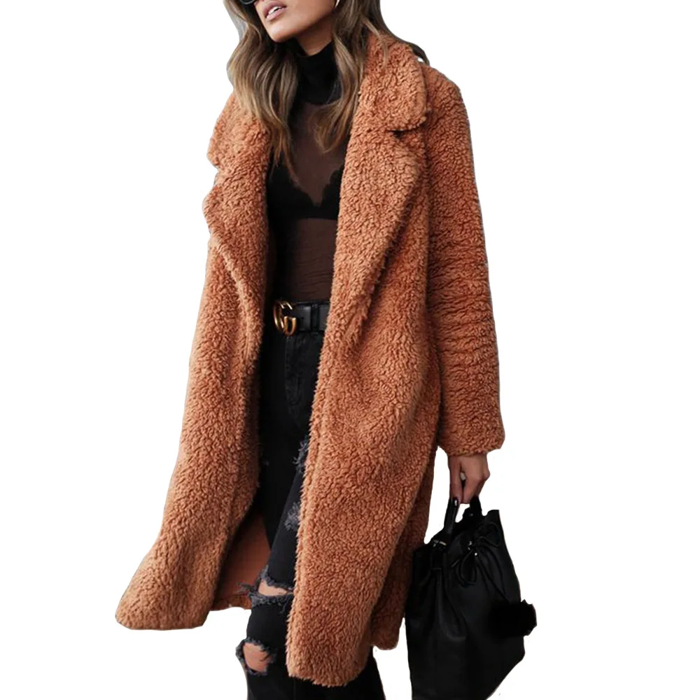 Элегантное длинное женское пальто из искусственного меха осень зима теплая мягкая меховая куртка женское плюшевое пальто с карманами Повседневная плюшевая верхняя одежда