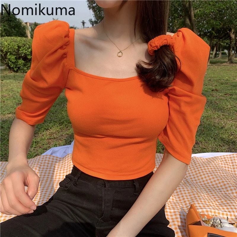 Nomikuma Women Slim Short T-shirts Puff Half Sleeve Square Collar Korean Top Tees 2020 Summer Solid Femme Basic t shirt 6A414 | Женская