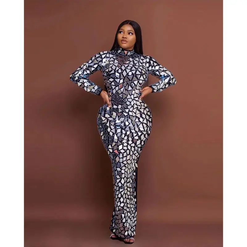 Women Black Silver Mirror Long Dress 