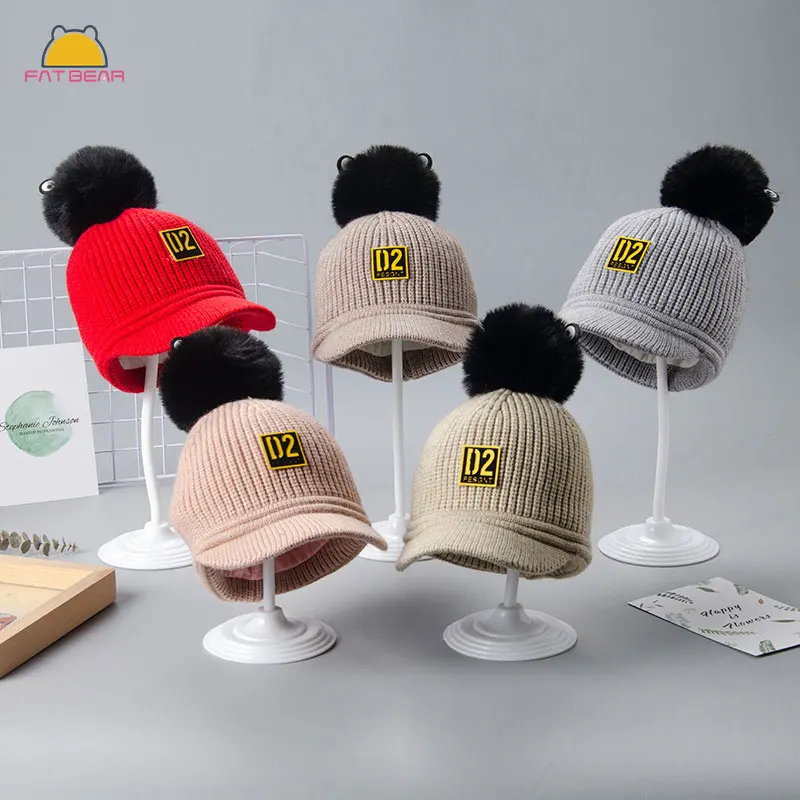 

Faux Fur Pom Baby Caps Knitted Core Wool Adjustable Turban Beanie Soft Solid Hats For Childern Girls Boys Bonnet Autumn Winter