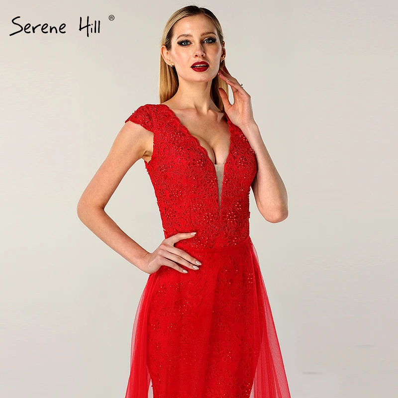 Красное Кружевное платье без рукавов с жемчугом, Сексуальные вечерние платья, модное вечернее платье Русалка с v-образным вырезом, вечернее платье Serene hilm BLA6604