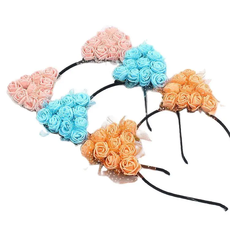 Girls Cat Ears Hair Bands Women EVA Rose Flowers with Muslin Cute Bunny Headband Anime Character Cosplay Children's Buckle |