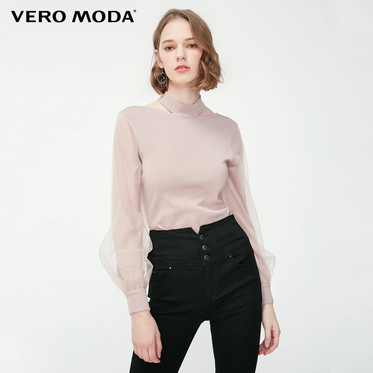 Vero Moda женский гаузи воздушный шар рукава сзади шеи лента вязаный Топ | 319124527 - Цвет: C15 Fawn