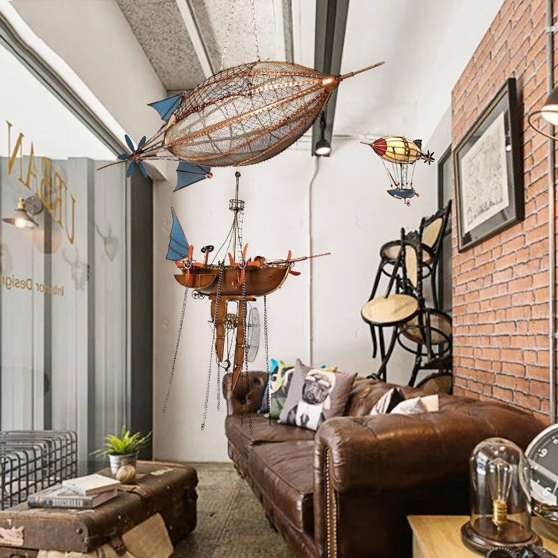 Retro Industrial Wind Wrought Iron Hot Air Balloon Airship Model Home Wall Decor Bar Restaurant Wall Hanging Accessories Crafts