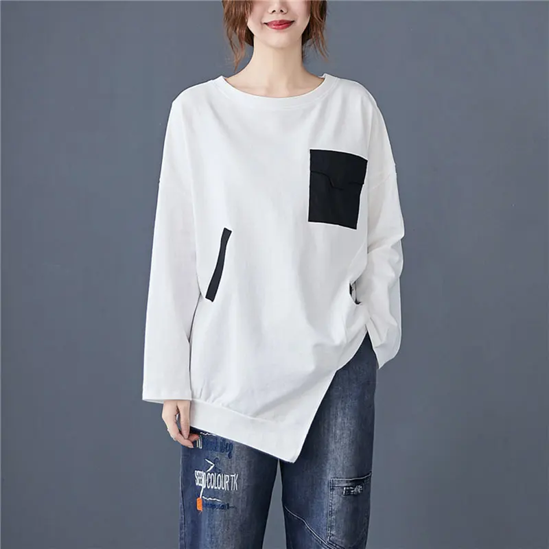 DIMANAF 2020 Plus Size Women T-Shirt Casual Vintage Patchwork Zipper Pullover Cotton Solid Autumn Tee Shirt New Big Size Tops