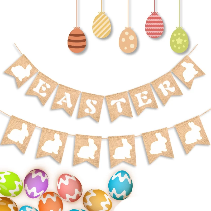 

1 Set Burlap Easter Banner Easter Rabbit Printed Hanging Bunting Garland Pull Flag Home Party Decoration Supplies 2020