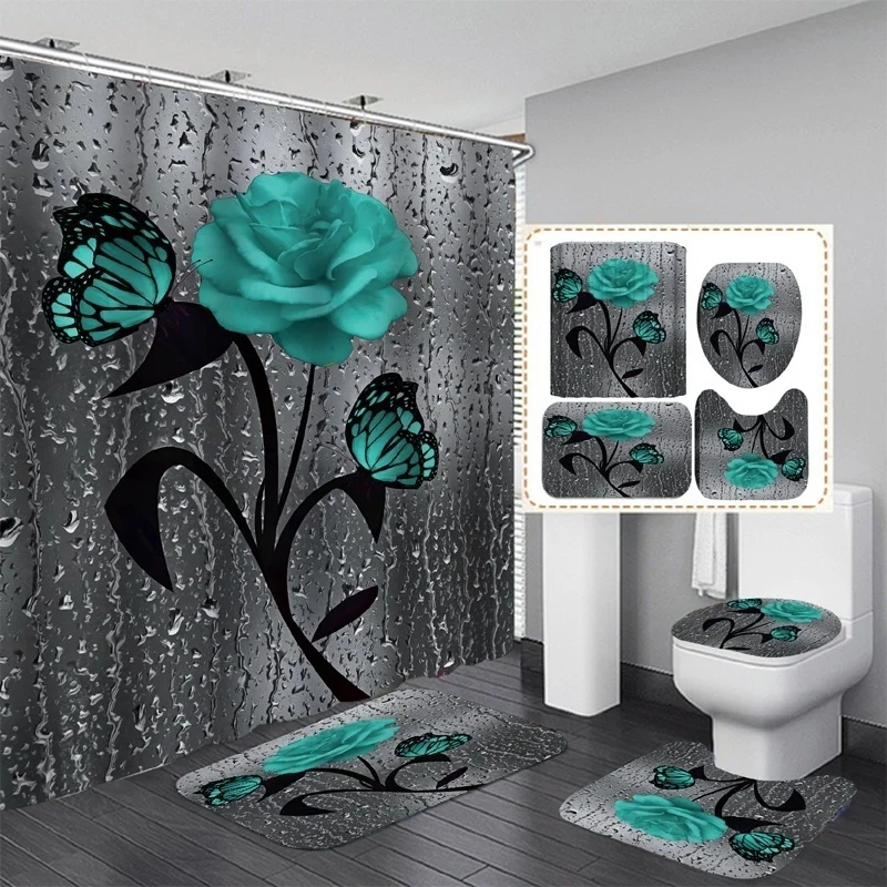 

Flowers and Butterfly Waterproof Bathroom Shower Curtain Toilet Cover Mat Non-Slip Rug Set