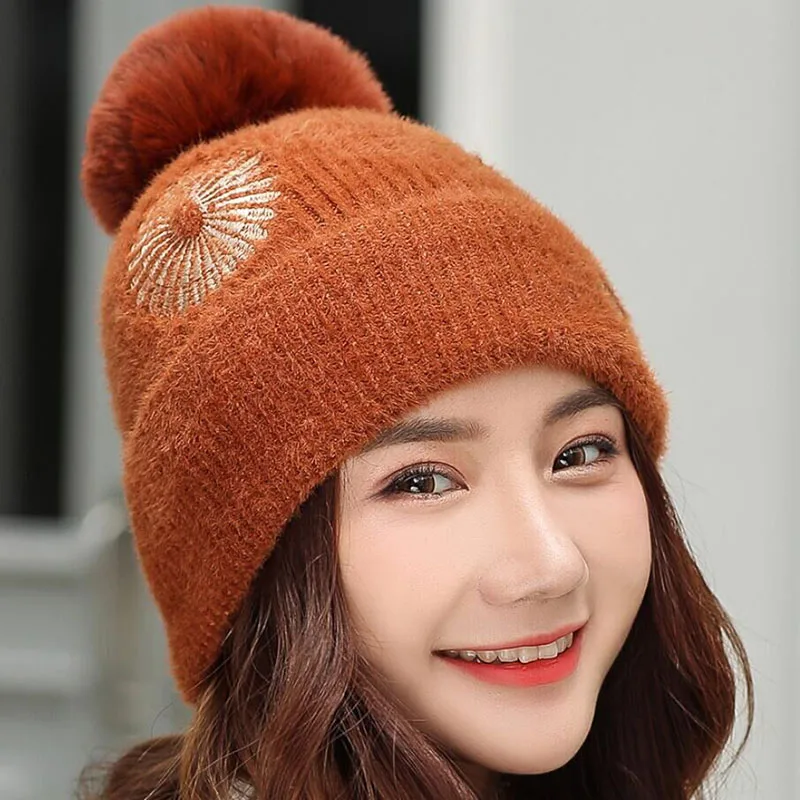 Шапка бини женская зимняя Осенняя мягкая шапка Skullies Beanies шапка с вышивкой вязаные кроличьи волосы модные женские шлепки теплые шапки - Цвет: caramel colour