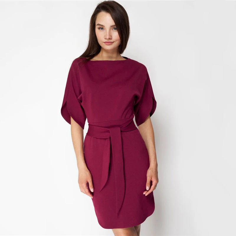 

2019 summer belt New Short Sleeve O-neck Mini Dress Women Solid color Leisure straight temperament Beach Party Dresses Vestidos