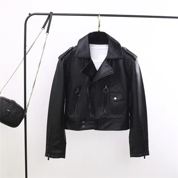 

Women's Fashion Motorcycle PU Leather Jacket Lapel Biker Jacket Short Casual Coat