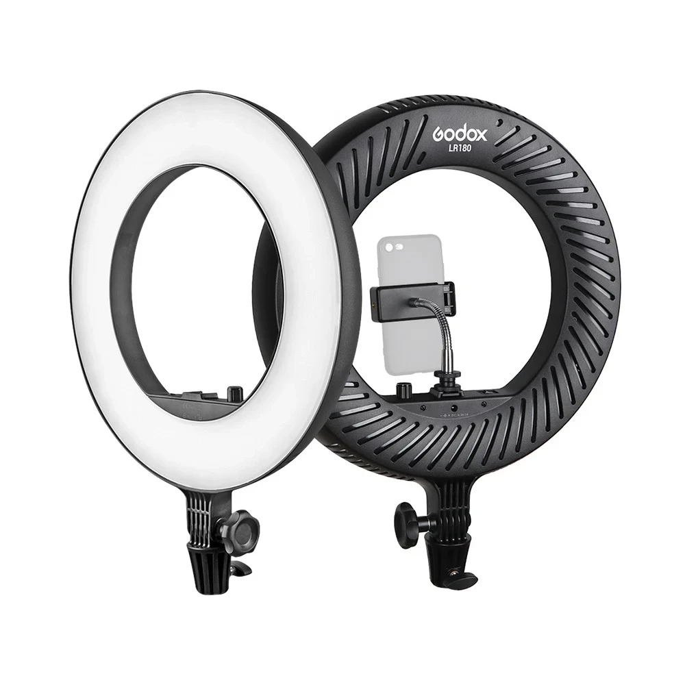 Godox LR180 Ring LED Video Light Cold Color Temperature with White Light-passing Board Phone Holder CRI 92 TLCI 97 27W