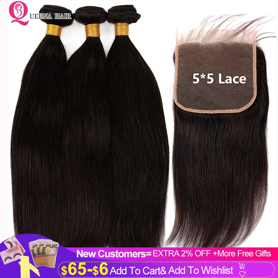Queena Hair Straight Bundles With Closure 5x5 Hd Lace Closure With 3 ...