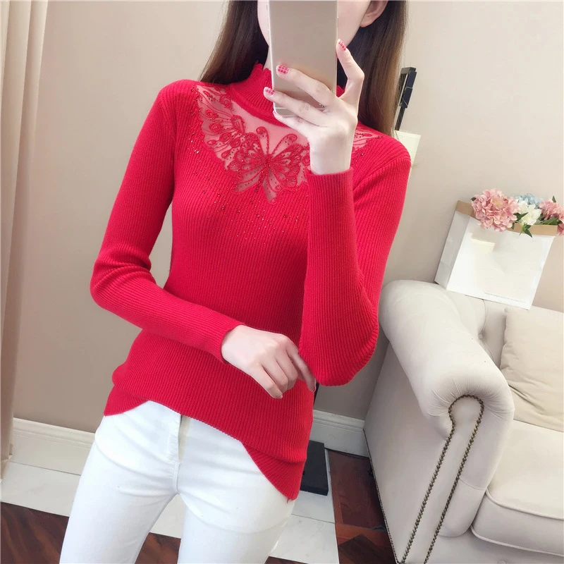 

Women Knitted Hallow Out Sexy Blouse Female Autumn Winter Solid Top Lace Silm 5 Colors Shirts Full Sleeve Outfit