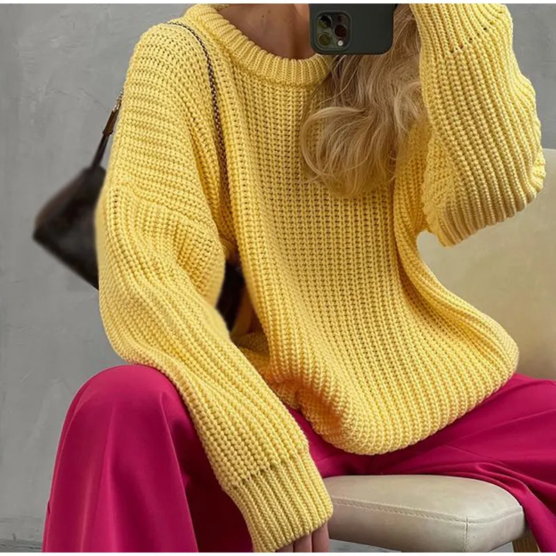 Women Solid Knitted Thickening Oversized Sweater Female Round Neck Long Sleeve Casual Loose Pullovers Top 2021 Autumn Winter
