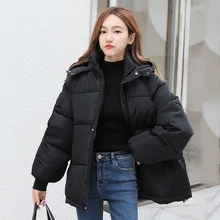 

FOR Korean Style Winter Women Down Jacket Oversize Loose Hooded Female Puffer Jackets Short Padded Solid Womens Down Coat