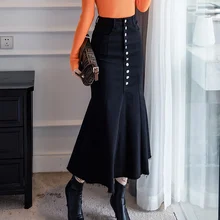 Черная джинсовая юбка-русалка, женские эластичные весенне-осенние джинсовые юбки с высокой талией и пуговицами