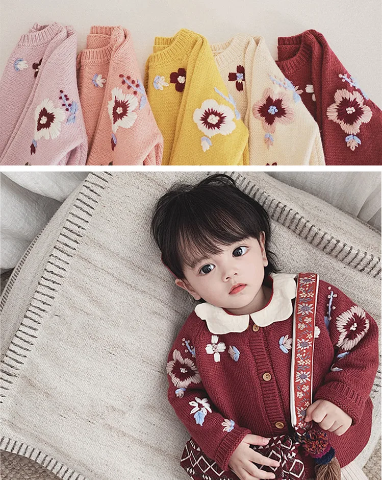 

1882 High Quality Baby Girls Embroidery Cardigans New Autumn Sweet Cotton Girls Sweaters Children Clothes