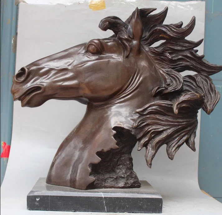 003995 24" lucky Chinese Bronze Carved Animal Successful Horse Head Bust Base Sculpture statue(A0327) discount 30