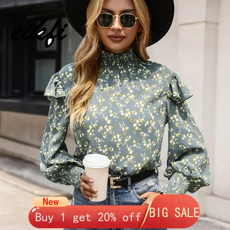 

EIKFI Women Ditsy Floral Ruffle Trim Frill Blouse 2022 Spring Autumn Office Ladies Long Sleeve Casual Loose Tops Blouse Clothing