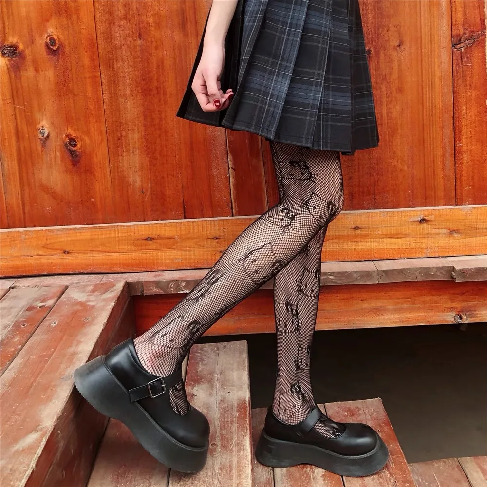 Summer Punk Hottie Black Anime Pantyhose KT Pattern Fishnet Stockings Harajuku Hosiery Nylon Women's Lolita Tights