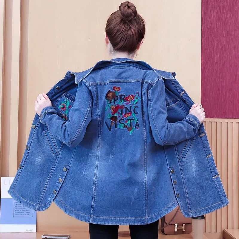 Autumn Winter Embroidery Denim Jacket Plus Velvet Coat Women 2022 New