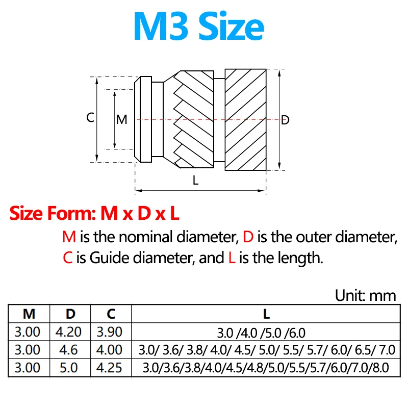 50PCS Heat Set Insert Nut Female Thread Brass Knurled Inserts Nuts Embed Parts Pressed Fit into Holes for 3D Printing M3