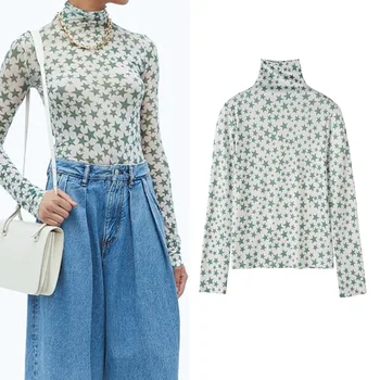 

Women's T-shirt 2019 Autumn and Winter New Star Print Long-sleeved Turtleneck Top Shirt