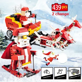 

2 IN 1 439Pcs Santa Claus Snowmoble Model Building Block Technic Sound Induction Light Bricks Christmas Gifts Kids Toys