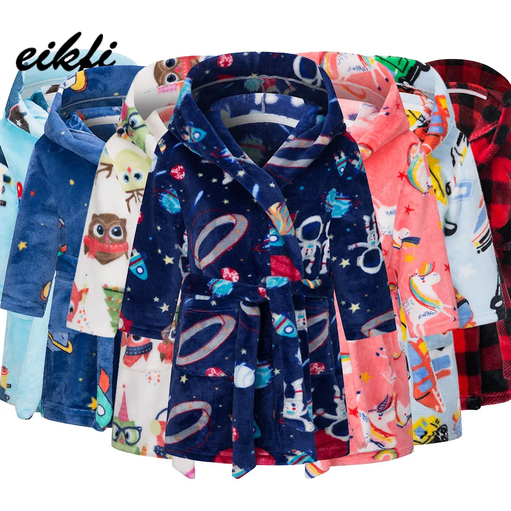 Boys Girls Cartoon print Flannel Hooded Bathrobe Autumn Winter Kids Keep Warm Thick Sleepwear Robe Children's Bath Robe for Kids