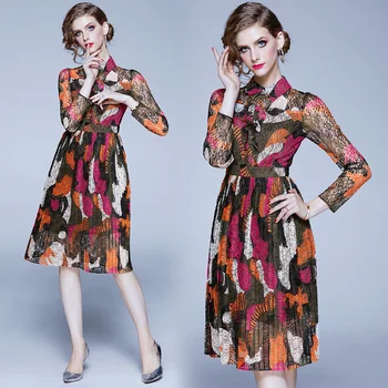 

Simgent Pinup Lace Dress Women Fashion Long Sleeve Turn Down Collar Pleated Dress Elegant Printing Woman Clothing SG003304