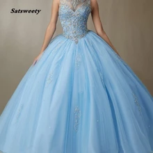 Голубое пышное платье бальное платье с открытыми плечами милые вечерние платья с бисером vestido de BAILE 16