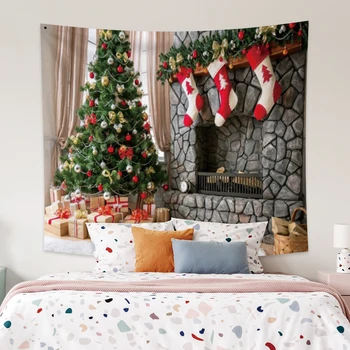 

Laeacco Fashion Tapestry Stone Fireplace Pretty Christmas Tree Socks Gifts Wall Hangings Modern Home Living Room Bedroom Decor