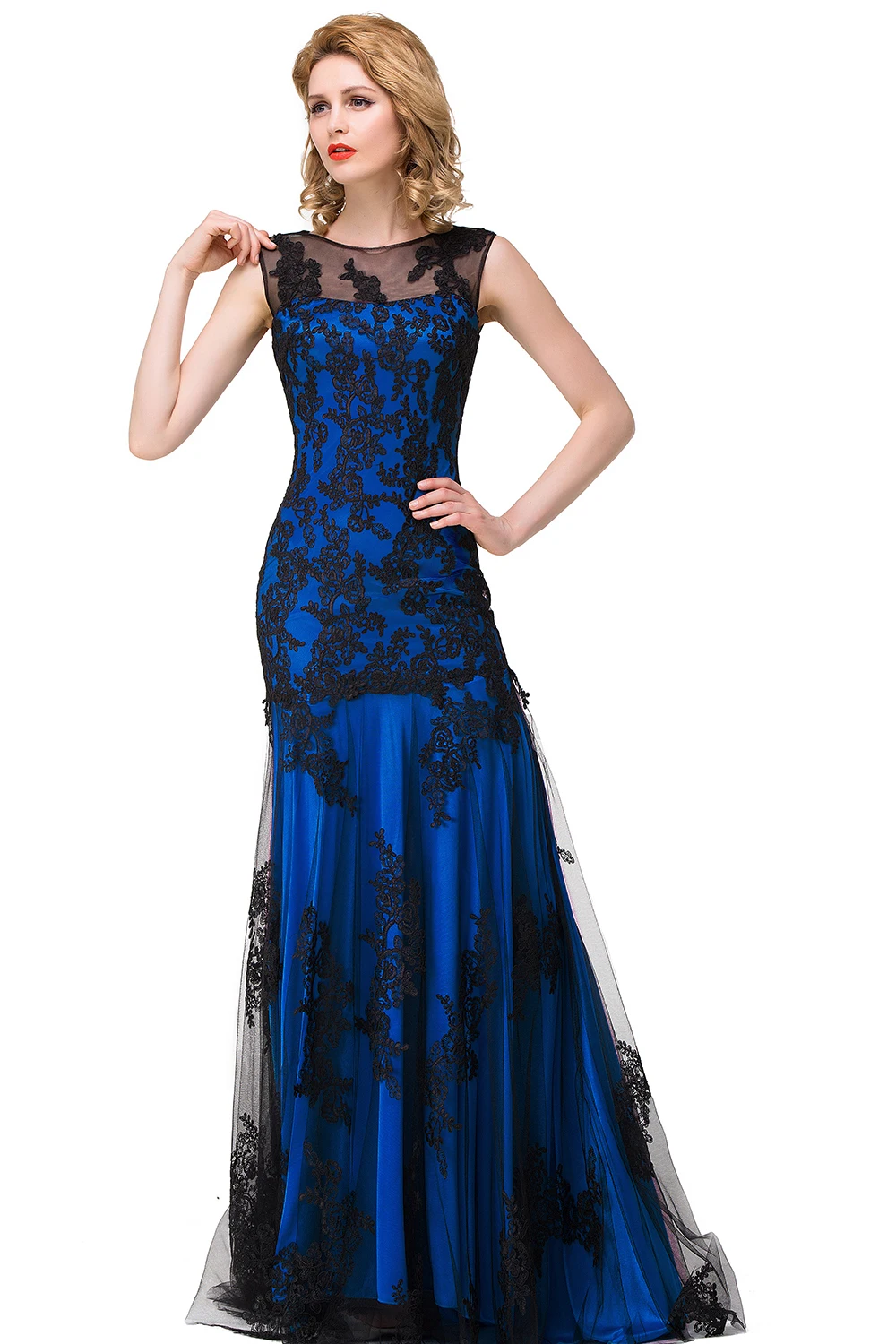 Ярко-Синий Тюль Длинные платья для выпускного вечера A line vestidos de gala jurken без рукавов сетки аппликация выпускного вечера