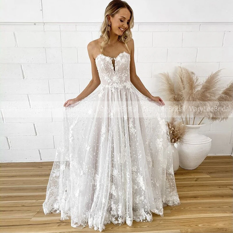 Querida vestido de casamento com bordado chantilly renda luz champanhe a  linha bolinhas tule boêmio vestidos de noiva trem longo|Vestidos de Noiva|  - AliExpress