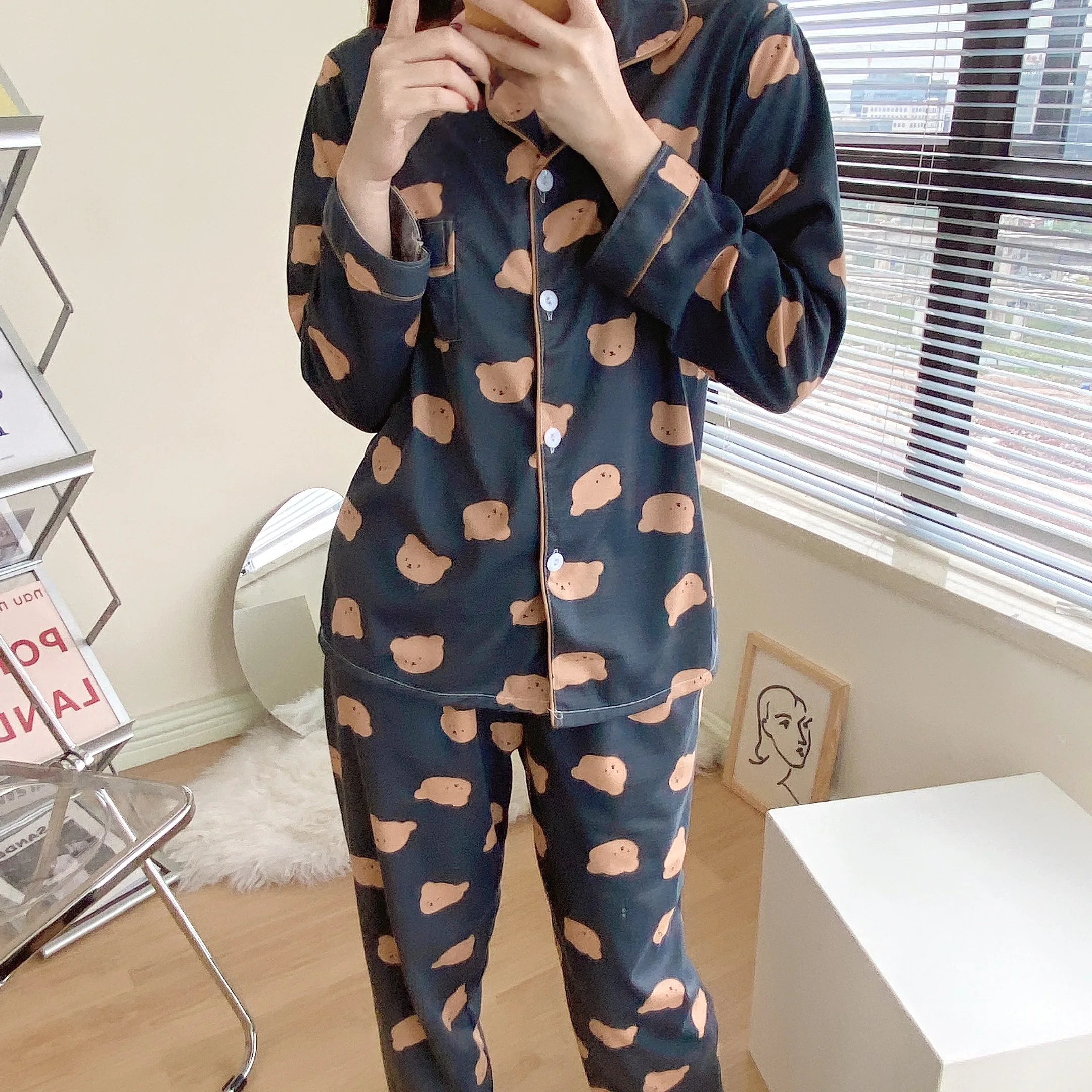 CAIYIER Winter Women Pajamas Suit Long Sleeve Trousers Lounge Lovely  Girls Cartoon Rabbit Loose Cardigan Sleepwear Homewear 2XL