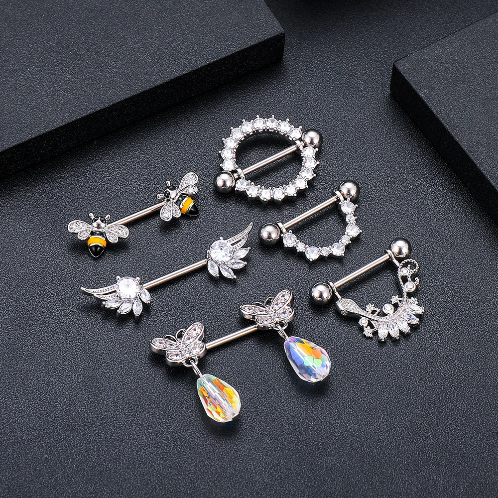 Body Piercing Jewelry 2pcs Butterfly Nipple Piercings Rings 16mm Length Bar Steel Crystal