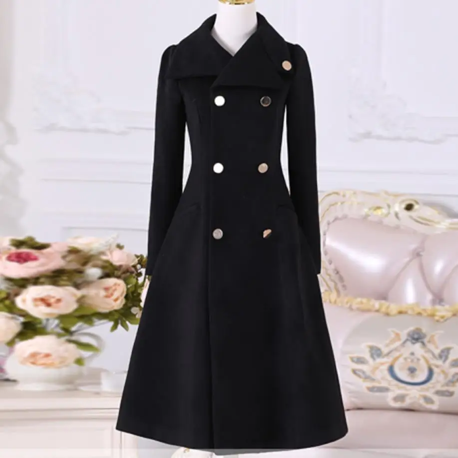 Черное двубортное осенне-зимнее шерстяное пальто женское тонкое длинное шерстяное пальто