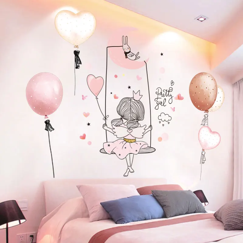 [shijuekongjian] Cartoon Girl Moon Wall Stickers DIY Balloon Mural Decals for Kids Rooms