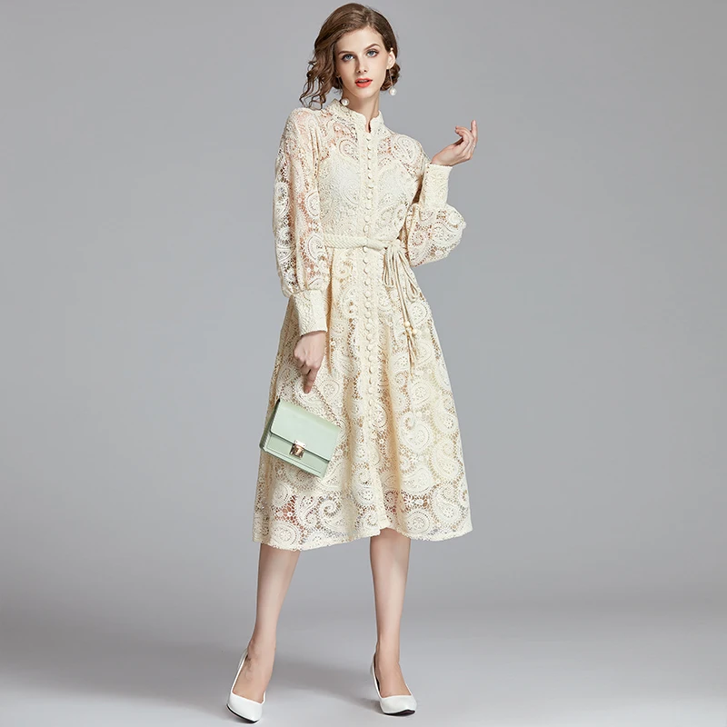 Длинное винтажное кружевное платье средней длины с поясом, весна, женское однобортное вечернее платье с длинным рукавом-фонариком и пуговицами