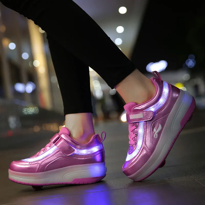  Children One Two Wheels Luminous Glowing Sneakers Gold Pink Led Light Roller Skate Shoes Kids Led S - 4000340638782