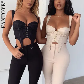 

FANTOYE Sexy Button Zipper Camisole Crop Tops For Women Summer Sleeveless Slim Top Female Backless Tops Clubwear